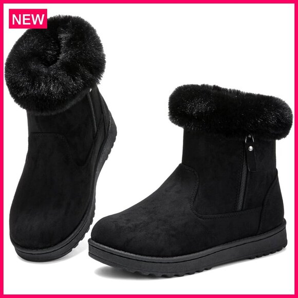Shoes - Women's Winter Snow Boots Suede Ankle Booties with Faux Fur Lining